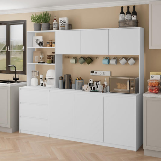 Extra Large Kitchen Pantry with Microwave Shelf, Kitchen Hutch Storage Cabinet with Countertop, Freestanding Countertop Cabinet with 3 Drawers and 3 Open Shelves, White