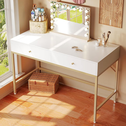 Vanity Desk with Drawers, 47 Inch Computer Desk, Modern Simple Home Office Desks, Makeup Dressing Table for Bedroom - White and Gold