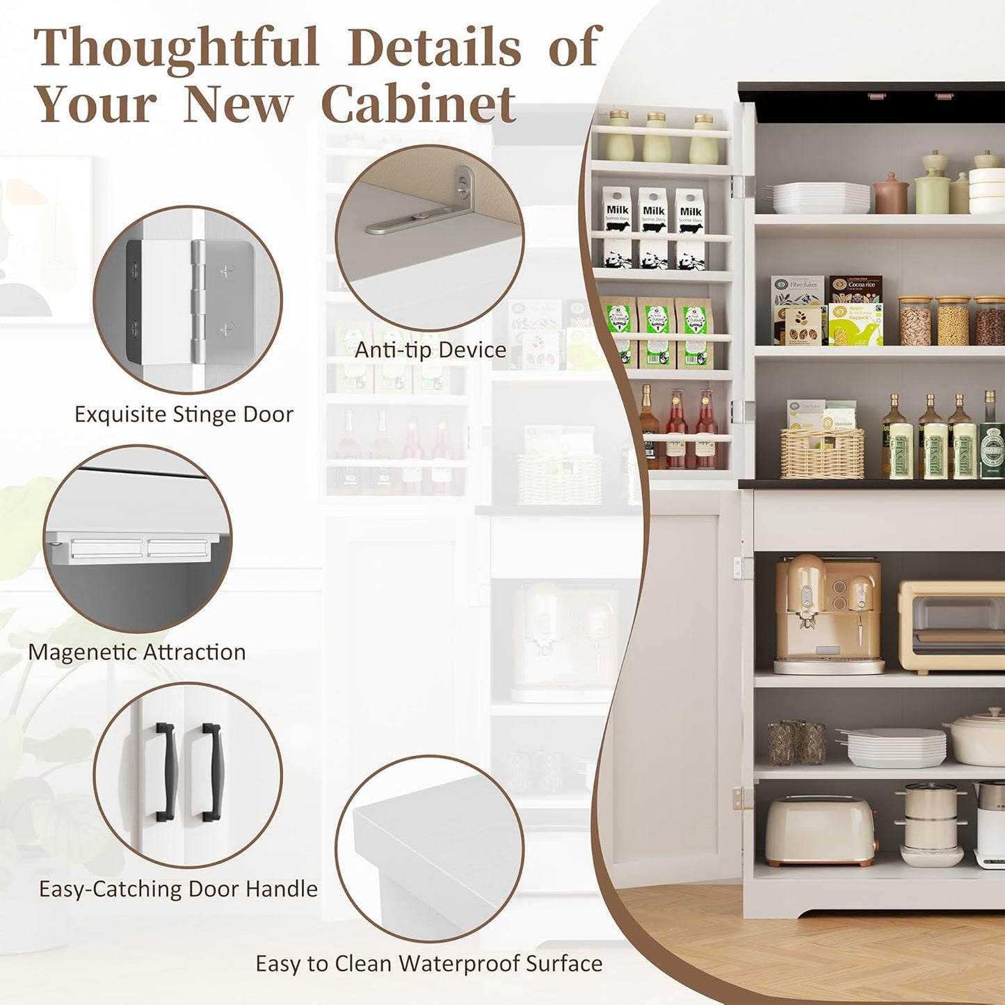 Kitchen Pantry Cabinet, Freestanding Farmhouse Storage Cabinet with 8 Door Shelves, 2 Cabinets and 1 Drawer, Tall Cupboard for Kitchen, Living Room, Dining Room and Bathroom, White