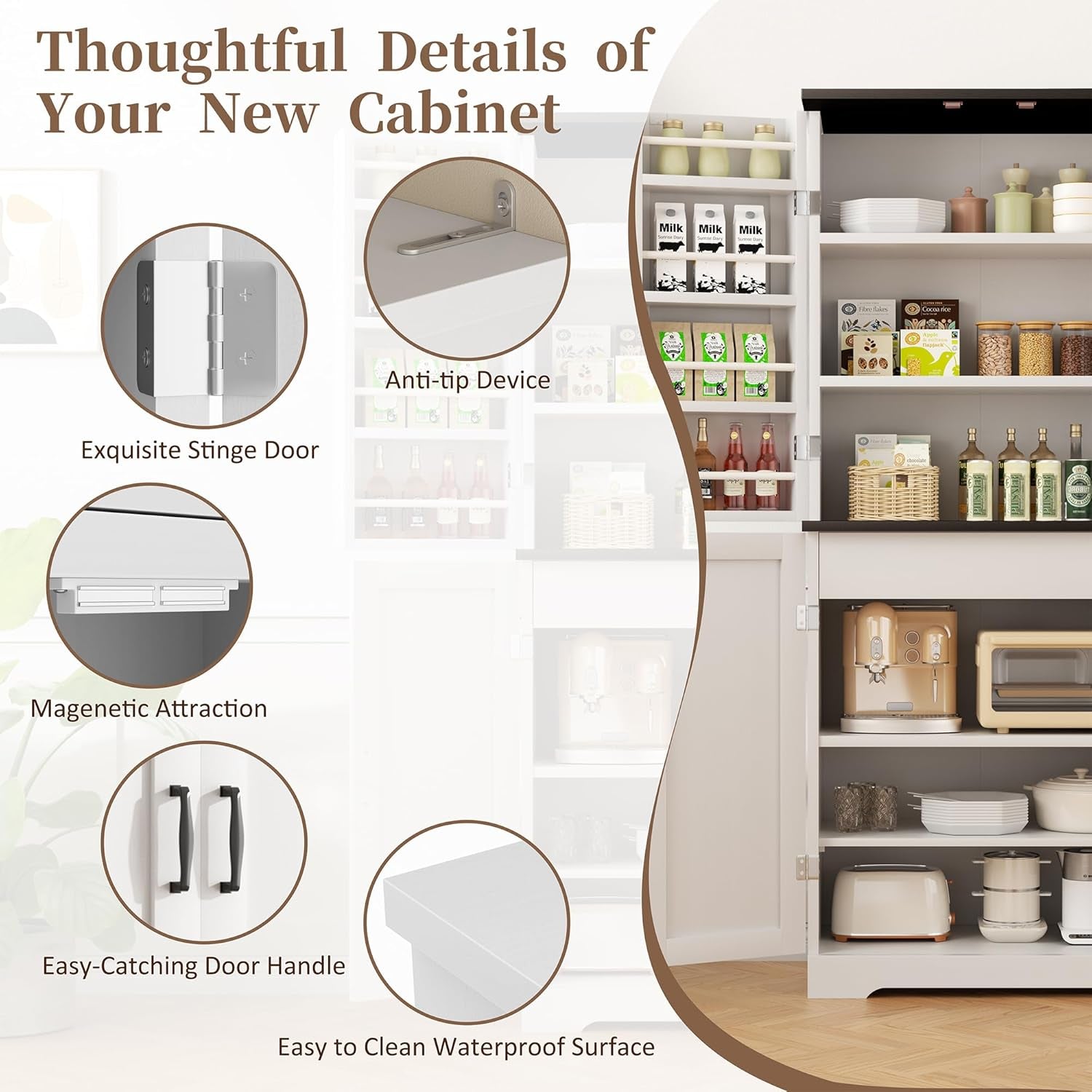 Kitchen Pantry Cabinet, Freestanding Farmhouse Storage Cabinet with 8 Door Shelves, 2 Cabinets and 1 Drawer, Tall Cupboard for Kitchen, Living Room, Dining Room and Bathroom, White