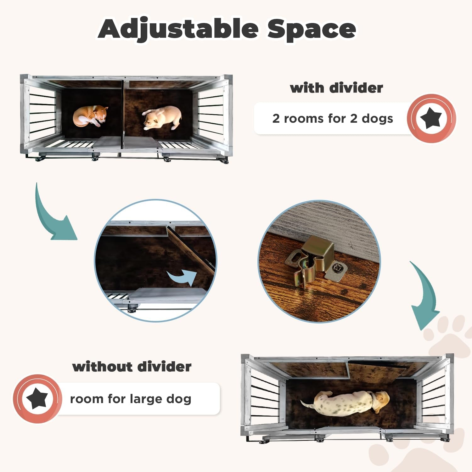 62.5'' Large Dog Crate Furniture, Solid Wood Furniture Style Dog Crate with Removable Divider, Bite Resistant Dog Kennel Indoor, Dog Cage with Sliding Barn Door Design（White）