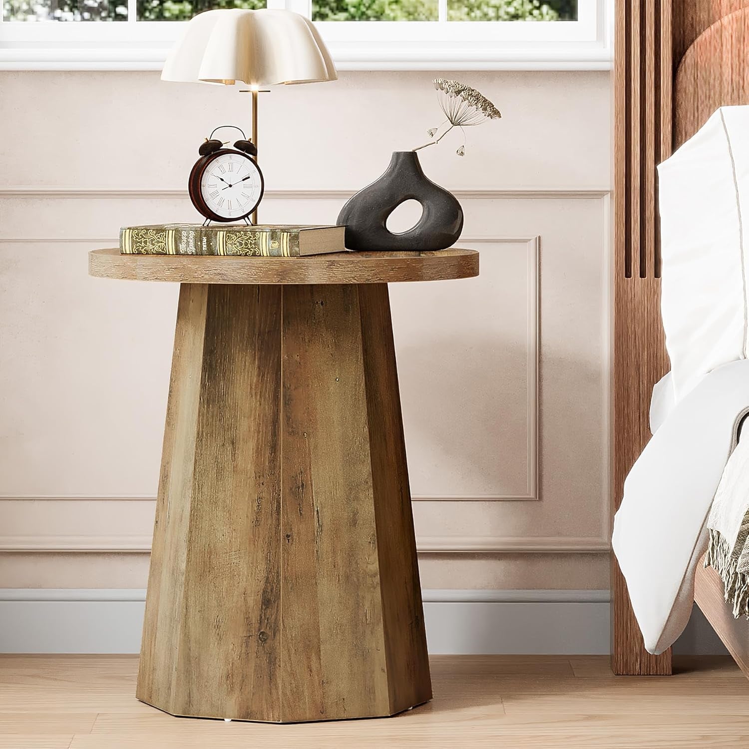 round Pedestal End Table, Farmhouse Couch Side Table with Octagonal Base, Wooden Drink Stand Accent Nightstand (1, Rustic Brown)