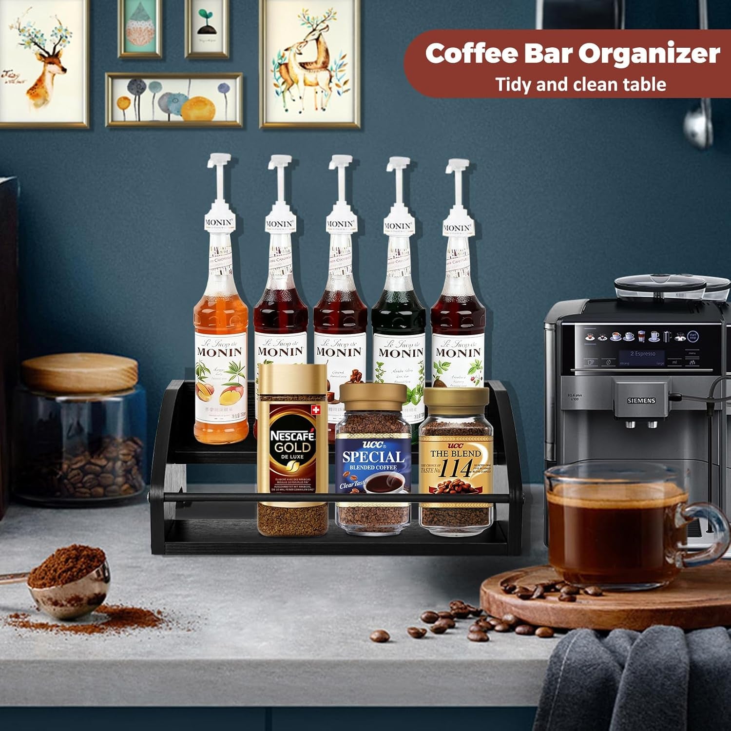 Liquor Bottle Display Shelf, Coffee Syrup Rack Organizer, 2 Step Countertop Wine Rack, Home Retro Bar Shelf Stand for Liquor Whiskey, Spirits, Kitchen Organizer for Seasonings, Spice & Tea (Black)