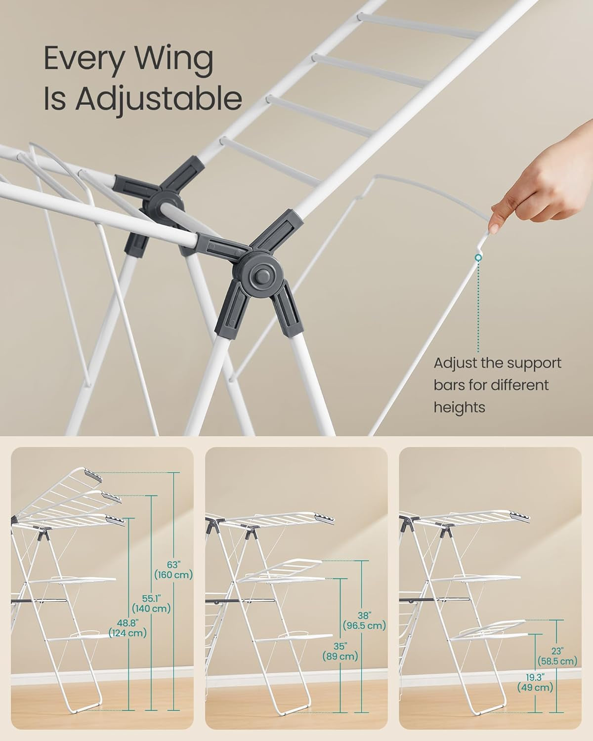 Clothes Drying Rack, Foldable 3-Level Laundry Rack, Free-Standing Large Drying Rack, with Height-Adjustable Wings, 39 Drying Rails, Sock Clips, White and Gray ULLR054W01