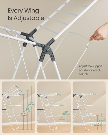 Clothes Drying Rack, Foldable 3-Level Laundry Rack, Free-Standing Large Drying Rack, with Height-Adjustable Wings, 39 Drying Rails, Sock Clips, White and Gray ULLR054W01