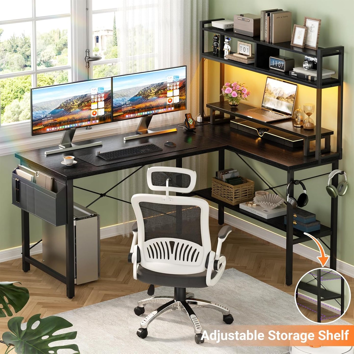 L Shaped Gaming Desk with Power Outlets & LED Lights, Small L- Shaped Desk Computer Corner Desk with Monitor Stand & Storage Shelf, Home Office Desk Writing Desk with Storage Bag, Black