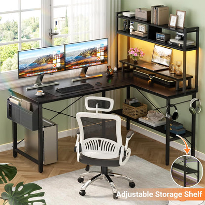 L Shaped Gaming Desk with Power Outlets & LED Lights, Small L- Shaped Desk Computer Corner Desk with Monitor Stand & Storage Shelf, Home Office Desk Writing Desk with Storage Bag, Black