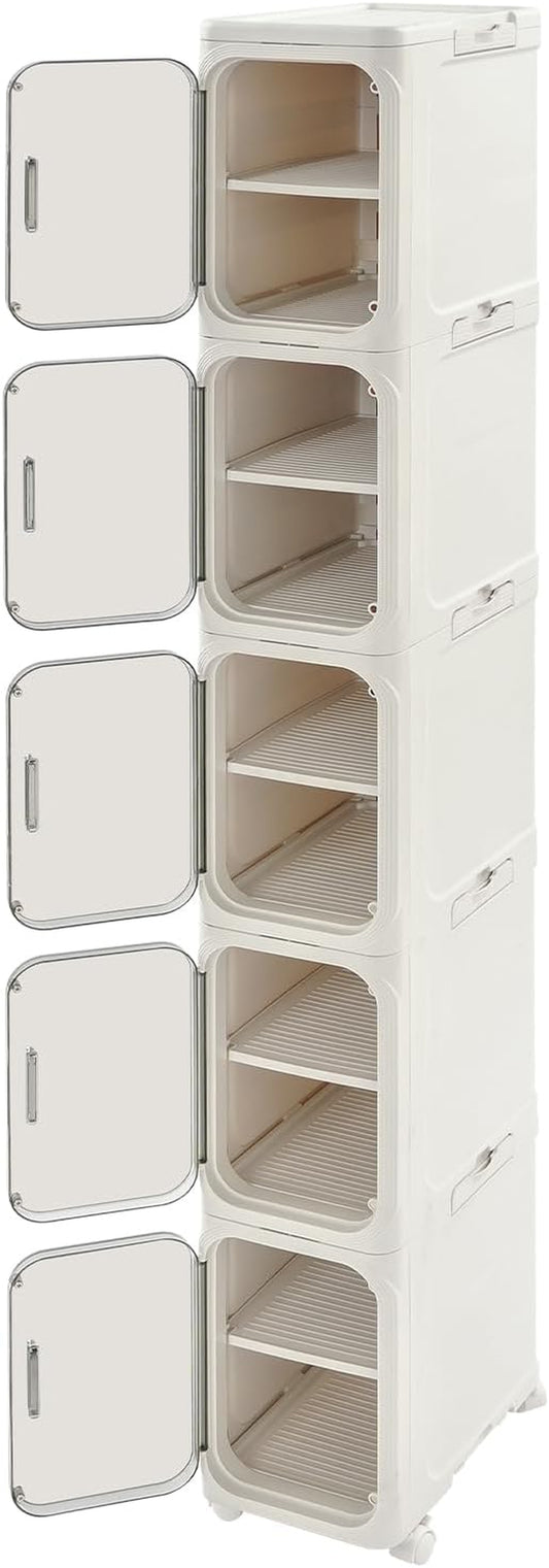 5-Tier Bathroom Storage Cabinet, Narrow Tall Cabinet with 4 Wheels (2 Locking), 15Kg/33Lbs Load Capacity, Slim Organizer for Small Space in Bathroom, Kitchen, Laundry Room (White)​