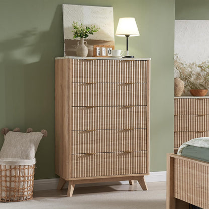 Fluted 5 Drawers Dresser, 48" Tall Modern Chest of Drawers with Faux Marble Top, Curved Profile Design, Wood Drawer Organizer for Bedroom, Living Room, Hallway, Entryway, Natural Oak