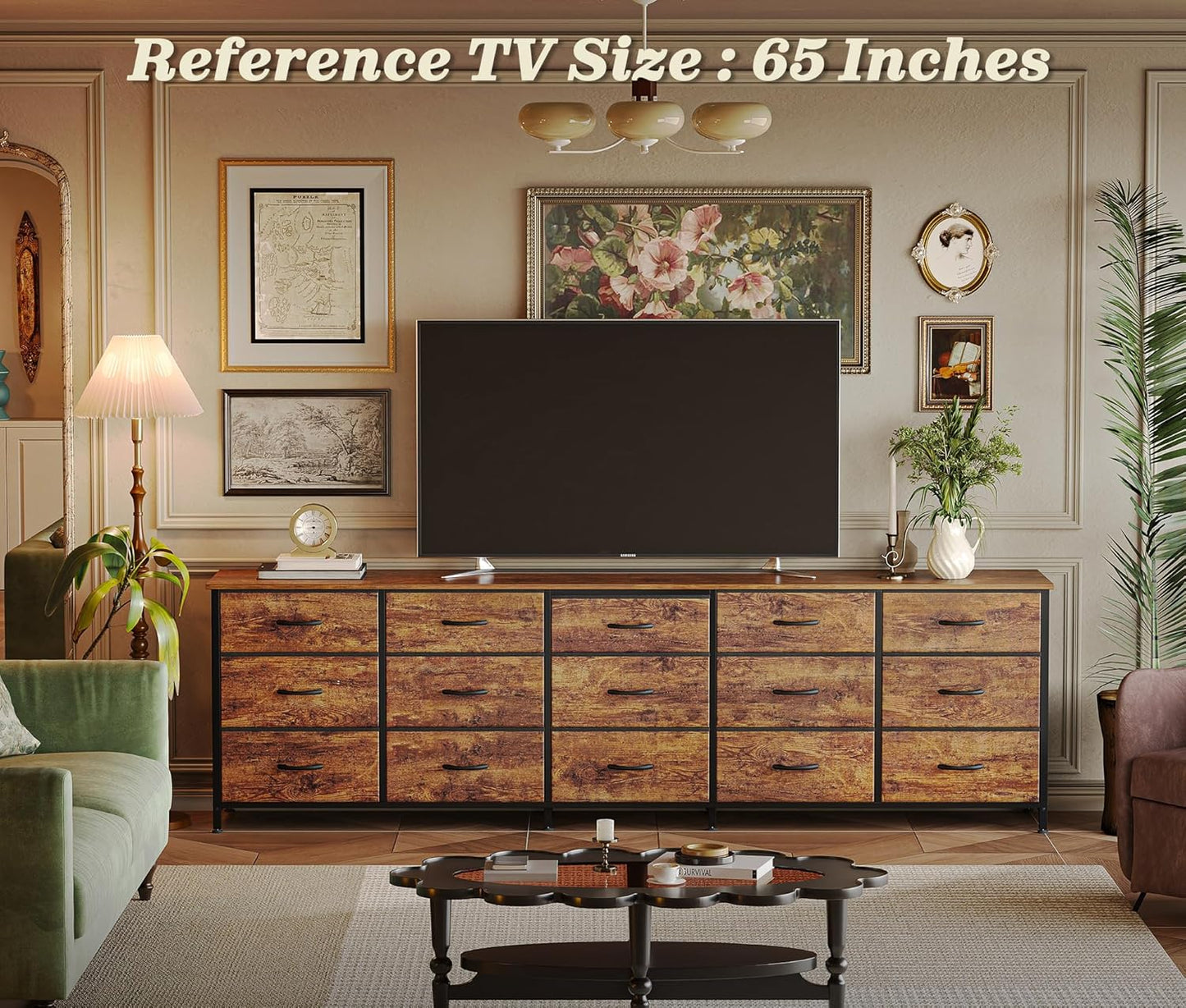 78.7 Inch Long Dresser for Bedroom, 15 Drawer Fabric Dresser for Closet, Large TV Stand for 65, 75, 85 Inch TV, Wide Chest of Drawer with Storage, 78.7" W X 12.9" D X 26.7" H, Rustic Brown