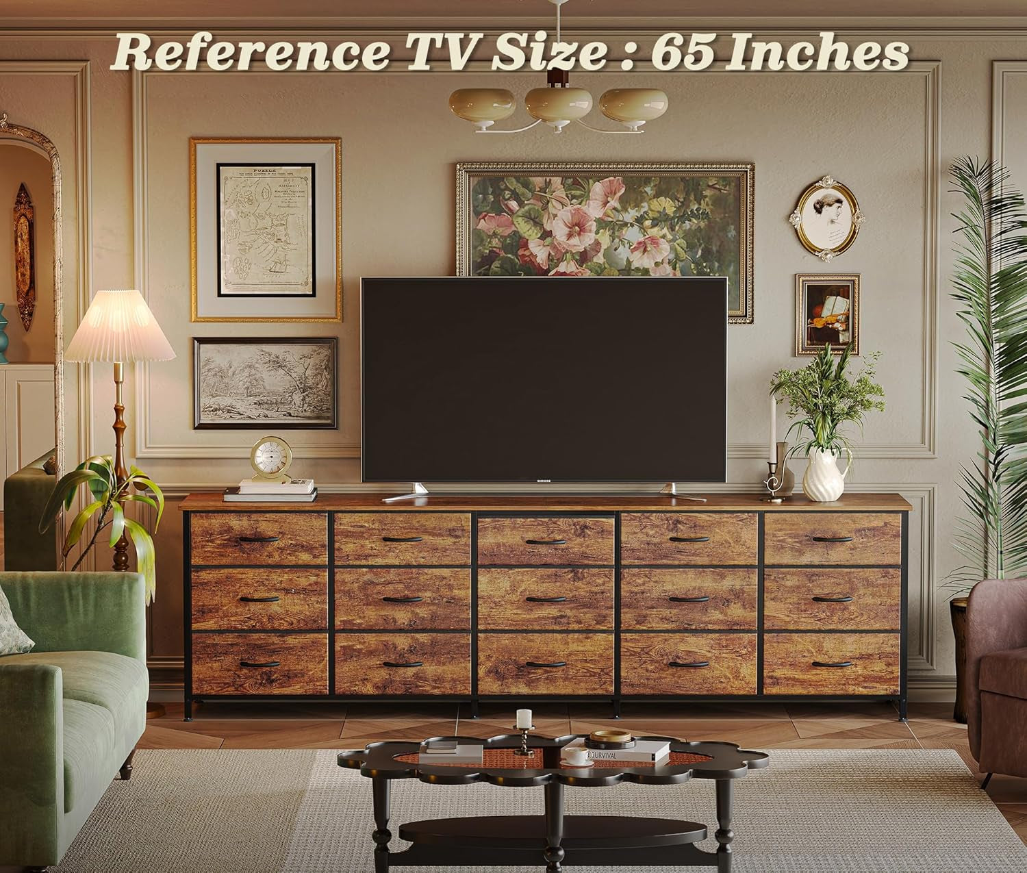 78.7 Inch Long Dresser for Bedroom, 15 Drawer Fabric Dresser for Closet, Large TV Stand for 65, 75, 85 Inch TV, Wide Chest of Drawer with Storage, 78.7" W X 12.9" D X 26.7" H, Rustic Brown