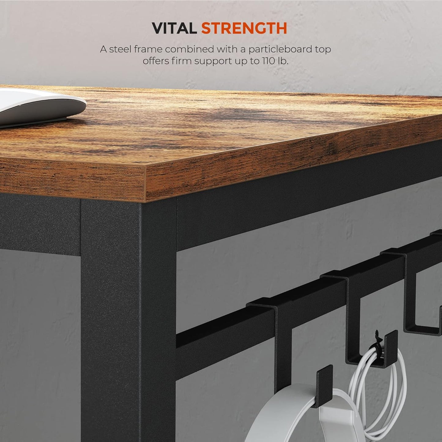 Computer Desk, Office Desk with 8 Hooks, for Study, Home Office, Easy Assembly, Steel Frame, Industrial, 39.4 X 19.7 X 29.5 Inches, Rustic Brown and Black ULWD045B01