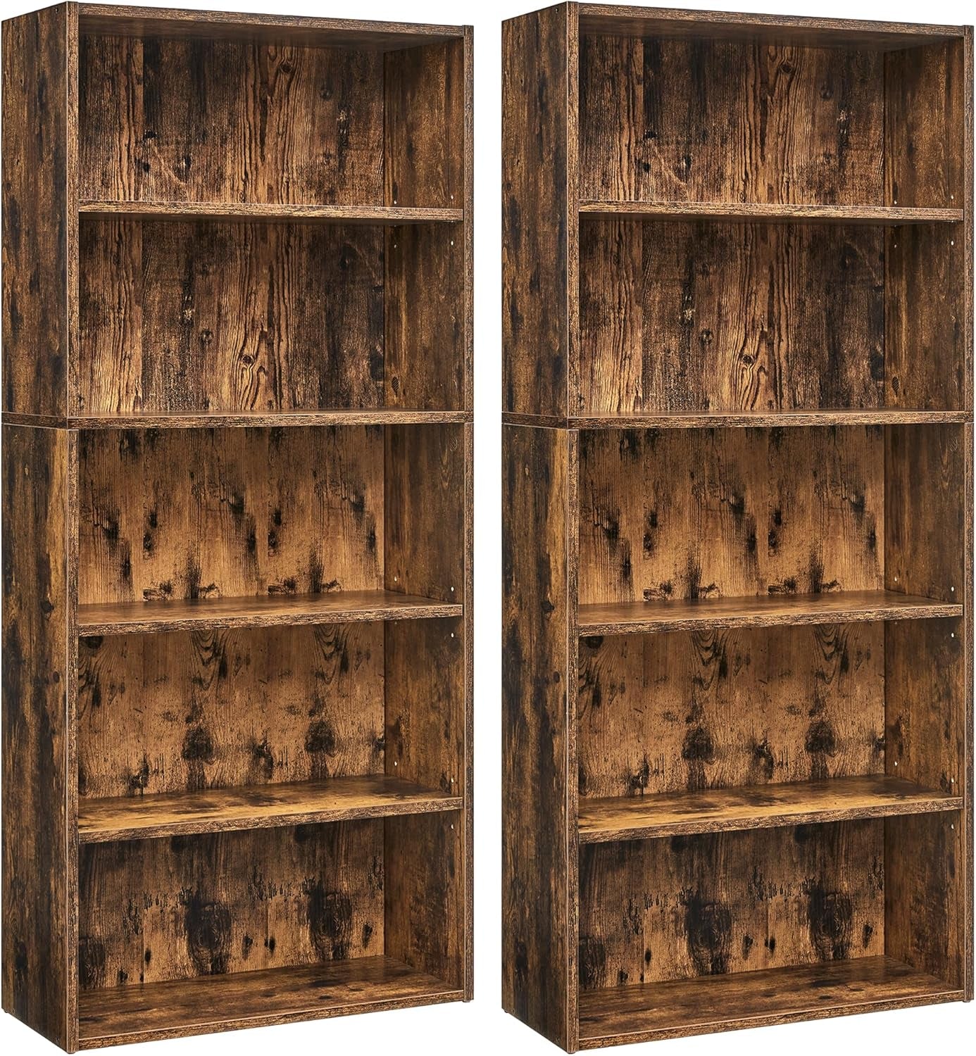 Set of 2 Bookshelves, 23.6 Inches Wide, 5-Tier Open Bookcases with Adjustable Storage Shelves, Floor Standing Units, Rustic Brown ULBC165X01-2