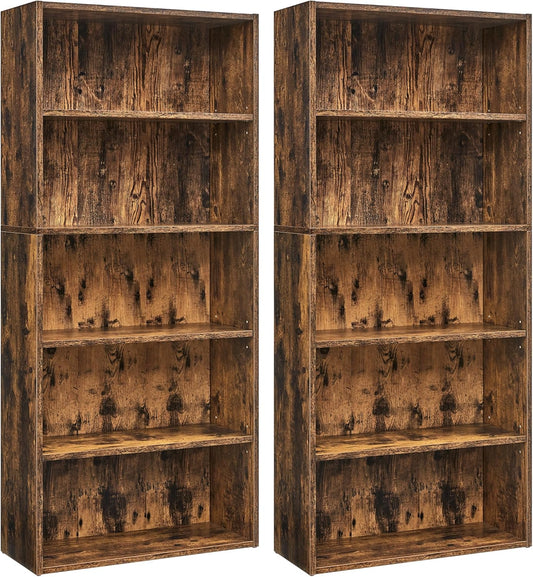 Set of 2 Bookshelves, 23.6 Inches Wide, 5-Tier Open Bookcases with Adjustable Storage Shelves, Floor Standing Units, Rustic Brown ULBC165X01-2