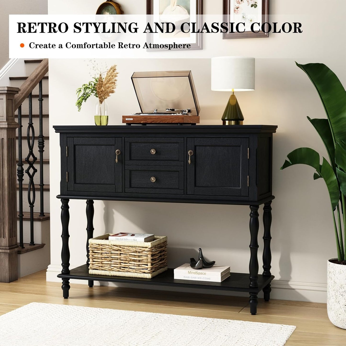 Console Table with 2 Drawers, Retro Entryway Table with 2 Door Cabinets and Open Storage Shelf, Narrow Long behind Couch Sofa Table for Living Room, Foyer, Hallway, Black