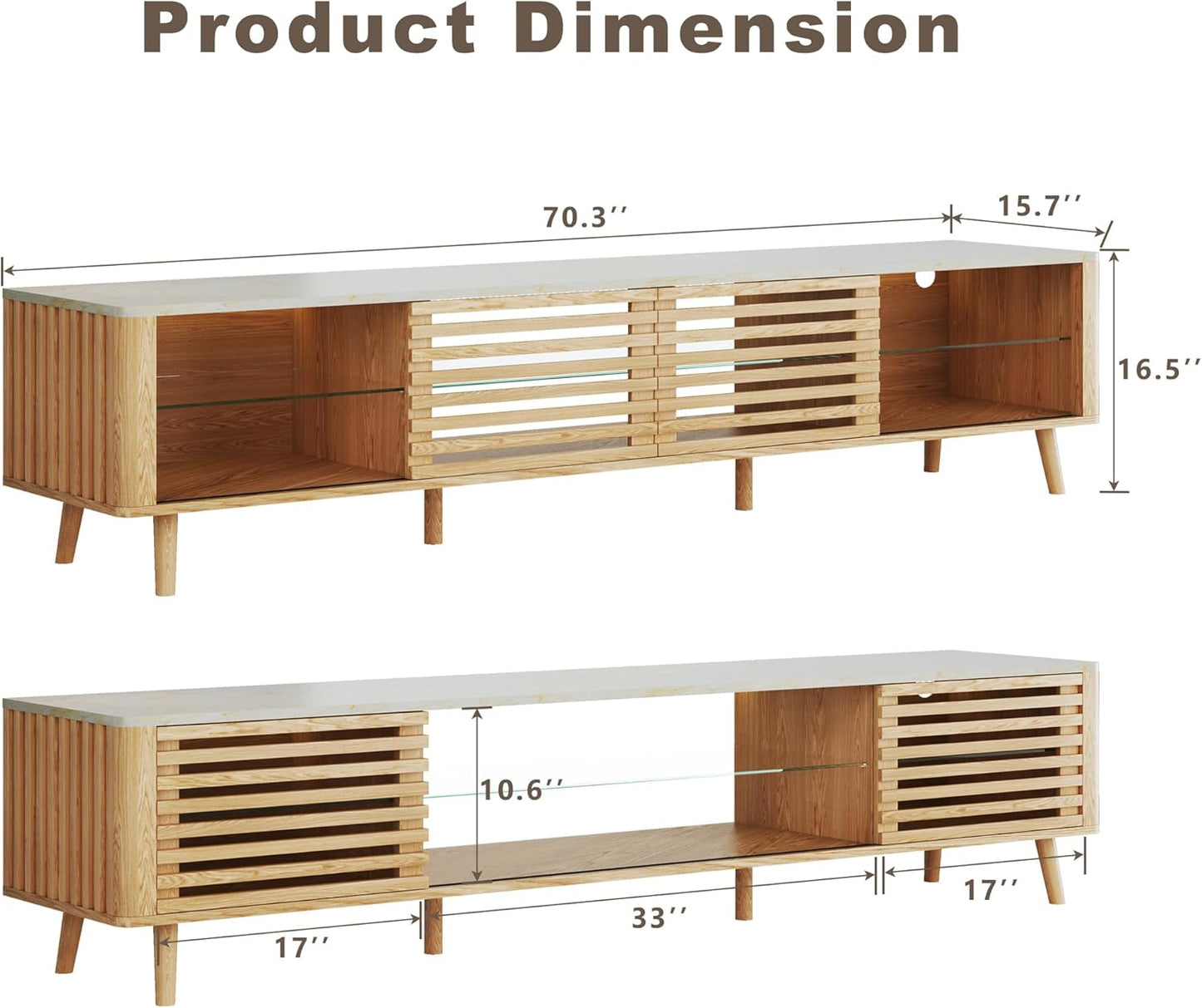 70" TV Stand for 55/65/75 Inch TV, Faux Marble Top Entertainment Center with Slatied Sliding Door & LED Lights, Mid Century Modern Style, Low TV Console with Glass Shelves for Bedroom