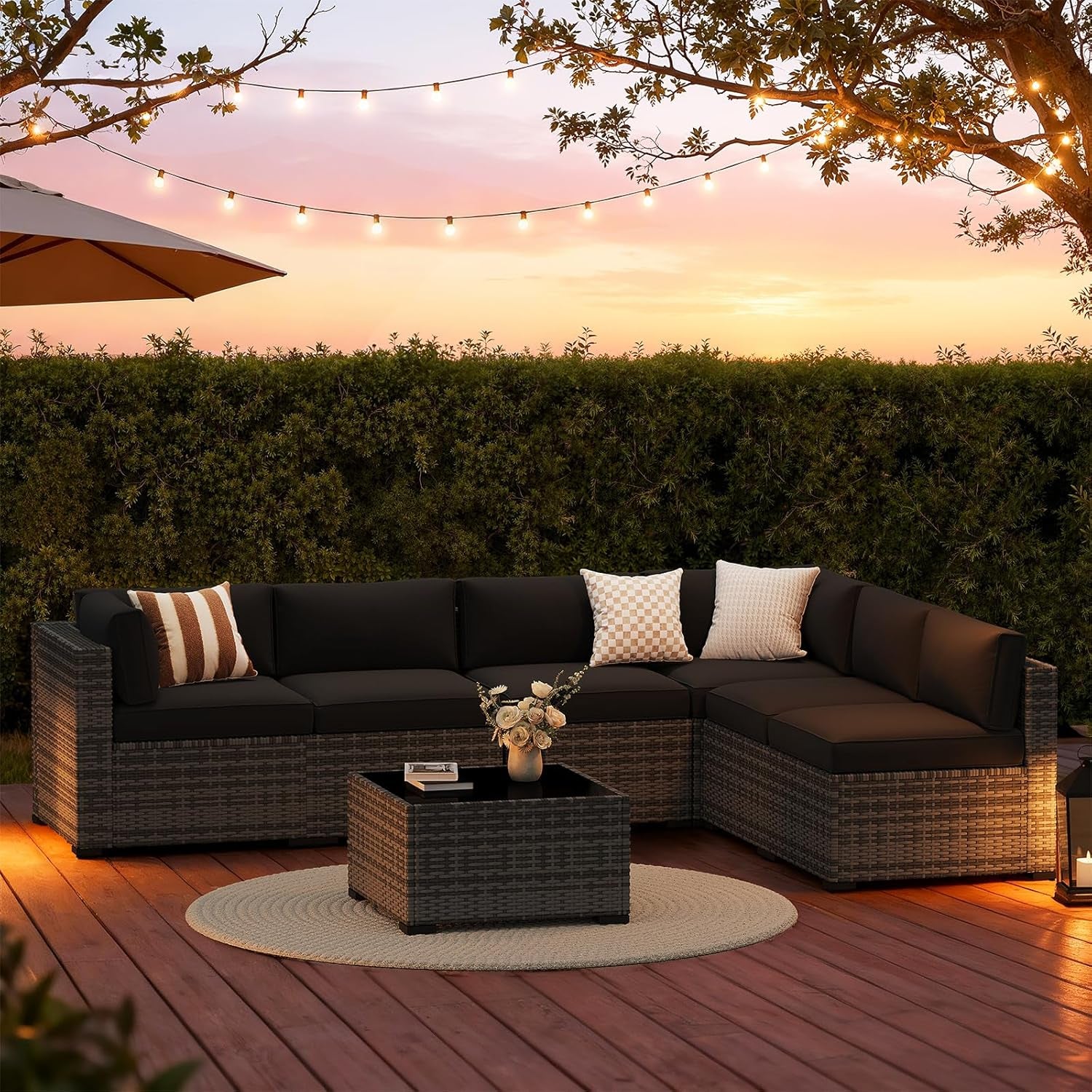 7-Piece Patio Furniture Set, Wicker Rattan Outdoor Furniture with Thick Cushions, Patio Conversation Sets with Coffee Table, Outdoor Sectional Couch Sofa with Waterproof Cover, Black