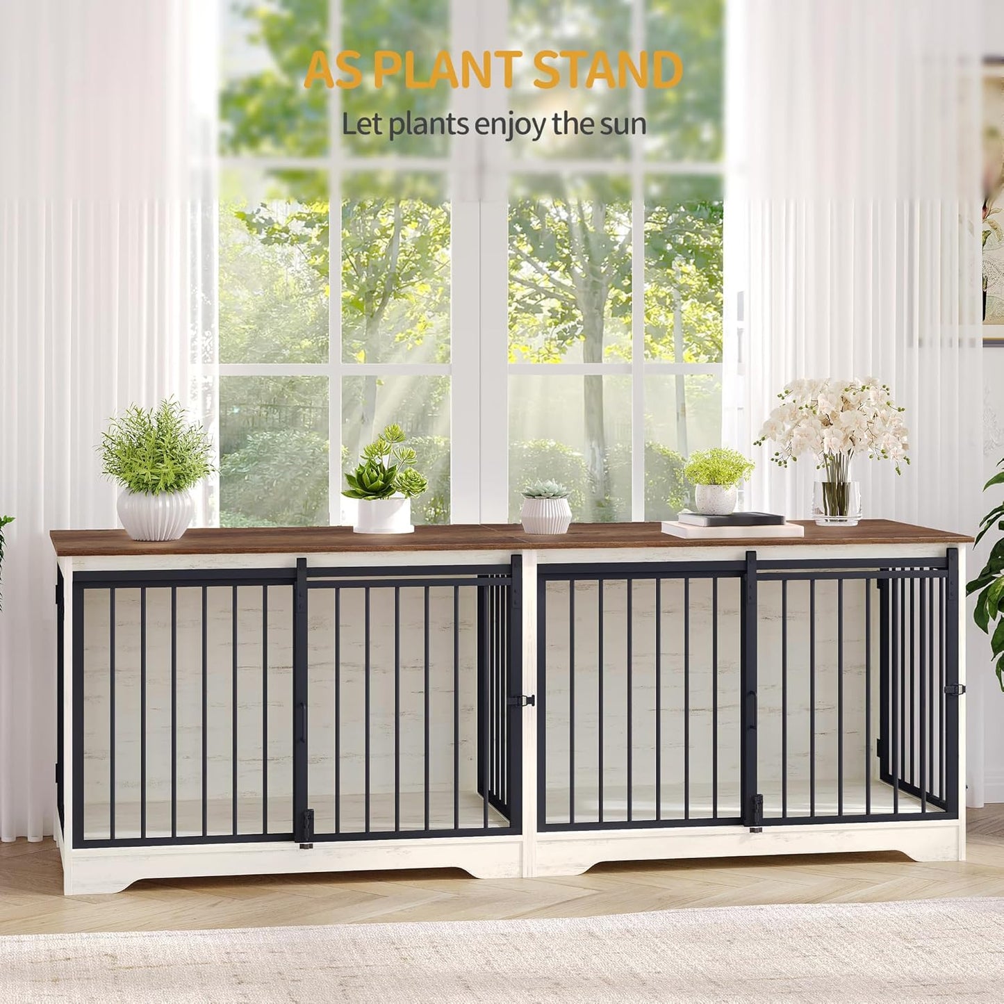 78" Dog Crate Furniture for 2 Dogs, Double Dog Cage with Divider, Wooden Heavy Duty Dogs Kennel, Pet Cage with Barn Door, TV Stand for Large Small Medium Dogs, White Brown DFC83714BV1