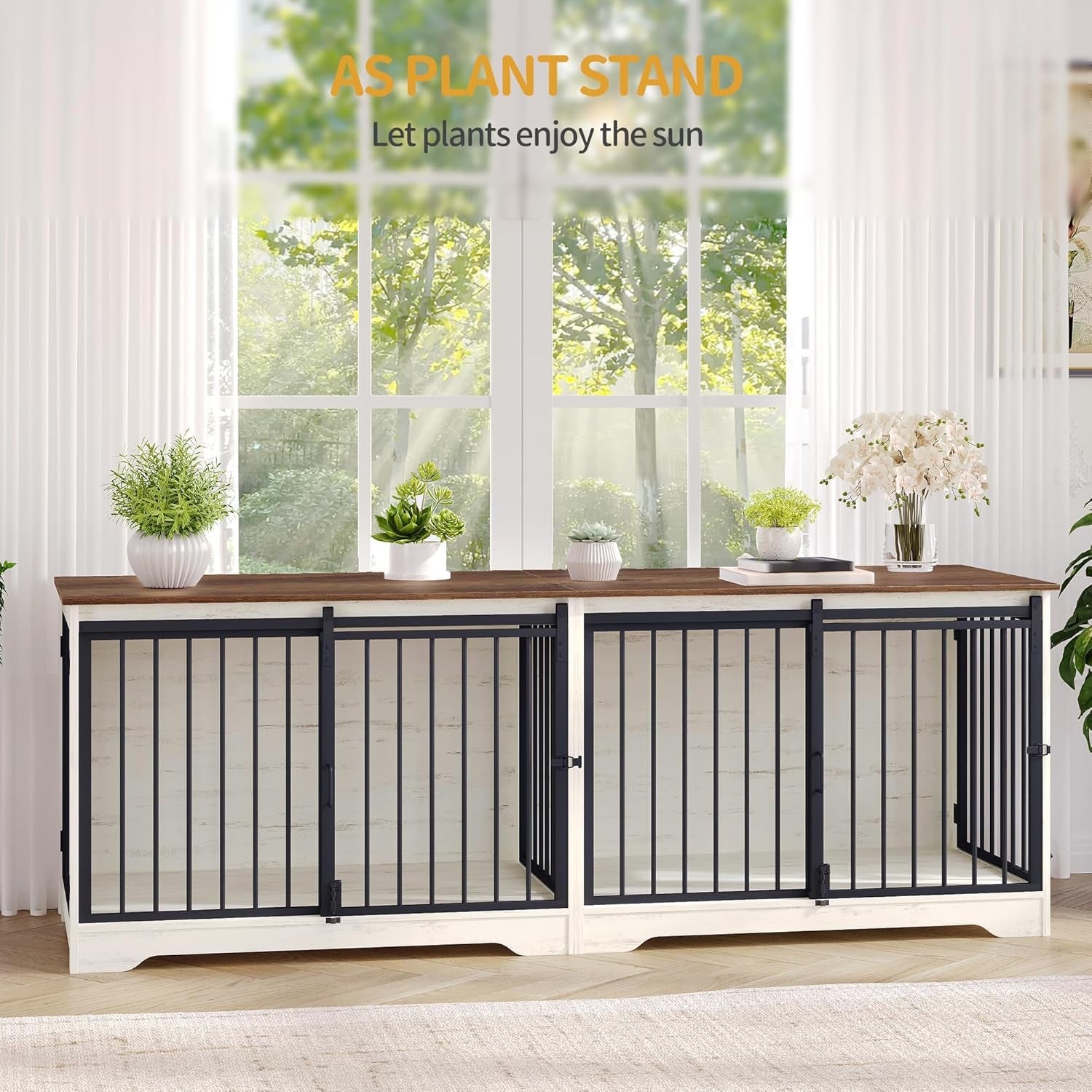 78" Dog Crate Furniture for 2 Dogs, Double Dog Cage with Divider, Wooden Heavy Duty Dogs Kennel, Pet Cage with Barn Door, TV Stand for Large Small Medium Dogs, White Brown DFC83714BV1