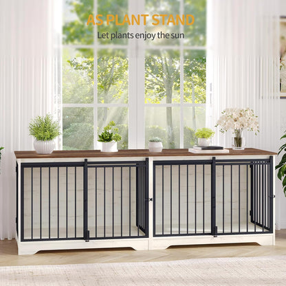 78" Dog Crate Furniture for 2 Dogs, Double Dog Cage with Divider, Wooden Heavy Duty Dogs Kennel, Pet Cage with Barn Door, TV Stand for Large Small Medium Dogs, White Brown DFC83714BV1