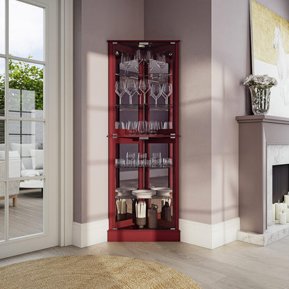 Lighted Corner Display Curio Cabinet Wooden Shelving Unit with Tempered Glass Door, Bar and Liquor Storage Area with 6 Shelves - Woody (Cherry)
