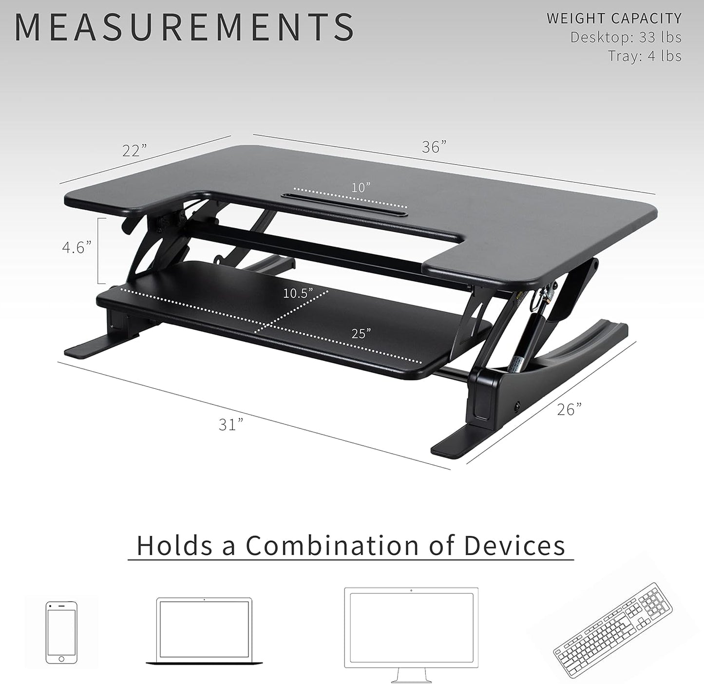 36 Inch Height Adjustable Stand up Desk Converter, V Series, Quick Sit to Stand Tabletop Dual Monitor Riser Workstation, Black, DESK-V000V