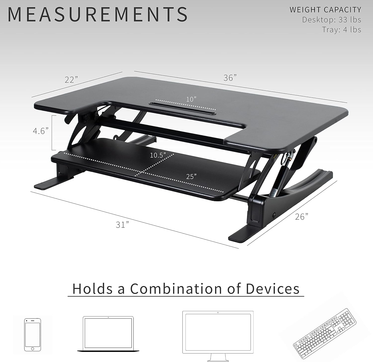 36 Inch Height Adjustable Stand up Desk Converter, V Series, Quick Sit to Stand Tabletop Dual Monitor Riser Workstation, Black, DESK-V000V