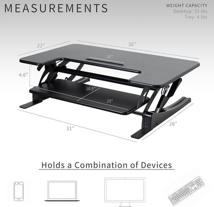 36 Inch Height Adjustable Stand up Desk Converter, V Series, Quick Sit to Stand Tabletop Dual Monitor Riser Workstation, Black, DESK-V000V