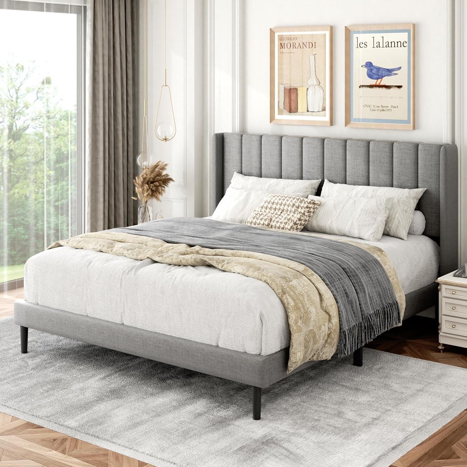 Queen Size Bed Frame with Upholstered Wingback Headboard, Easy Assemnly Platform Bed, Wooden Slat Support No Box Spring Needed, Light Gray
