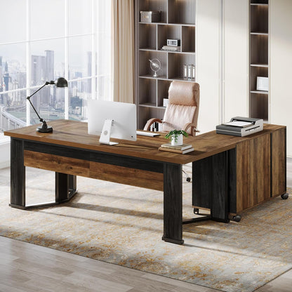 70.86" Executive Desk with Mobile File Cabinet, Large L Shaped Computer Office Desk with 2 Drawers and Storage Shelves, Business Furniture Desk Workstation for Home Office (Rustic Brown)
