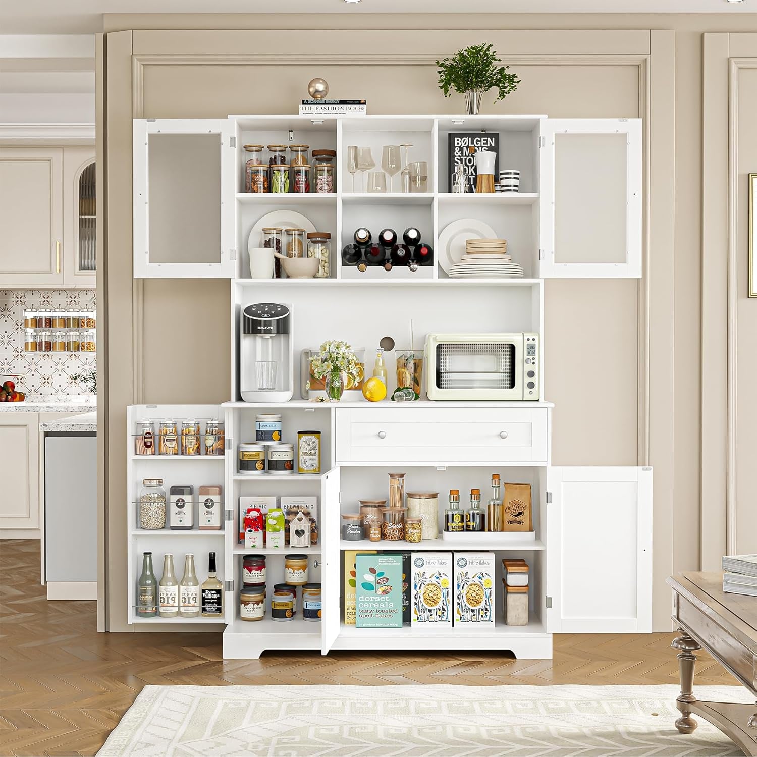 Kitchen Pantry Storage Cabinet, Modern Buffet Cabinet with Hutch, Tall Kitchen Hutch with Microwave Stand, Food Pantry with Doors and Shelves | Wine Rack for Dining Room, White