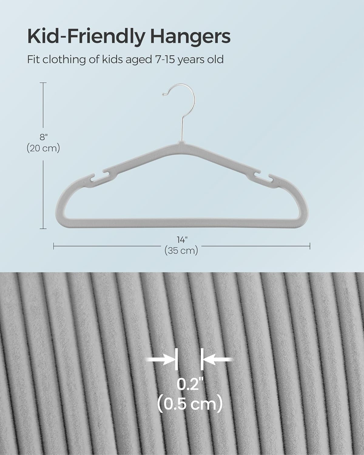 Kids Hangers 50 Pack, 14 X 8 Inches, Non-Slip Velvet Baby Hangers for Closet, Space-Saving, Wide Shoulder Notches, Dove Gray UCRF038G01