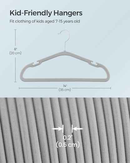 Kids Hangers 50 Pack, 14 X 8 Inches, Non-Slip Velvet Baby Hangers for Closet, Space-Saving, Wide Shoulder Notches, Dove Gray UCRF038G01