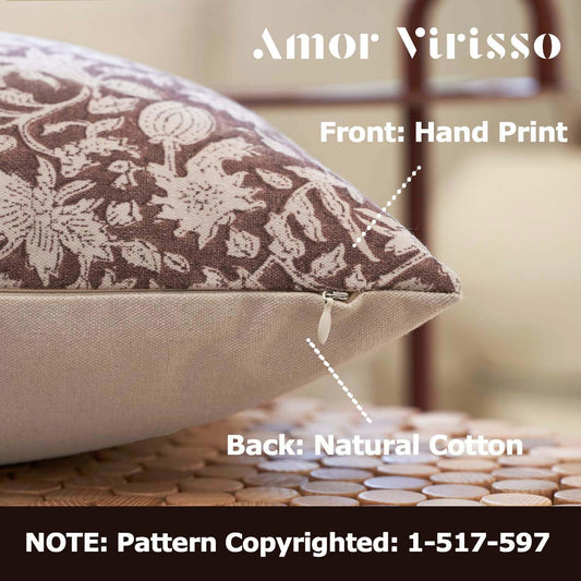 Throw Pillow Covers 20X20 Floral Pillow Covers Block Print Farmhouse Neutral Pillow Covers Decorative Accent Throw Pillows for Couch Bed Living Room Sofa Pillows 1PC, Brown