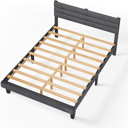 Platform Bed Frame Queen Size with Linen Fabric Headboard,Modern Panel Low Profile Bed with Upholstered & Sturdy Slats Support for Bedroom, Mattress Foundation, Dark Gray