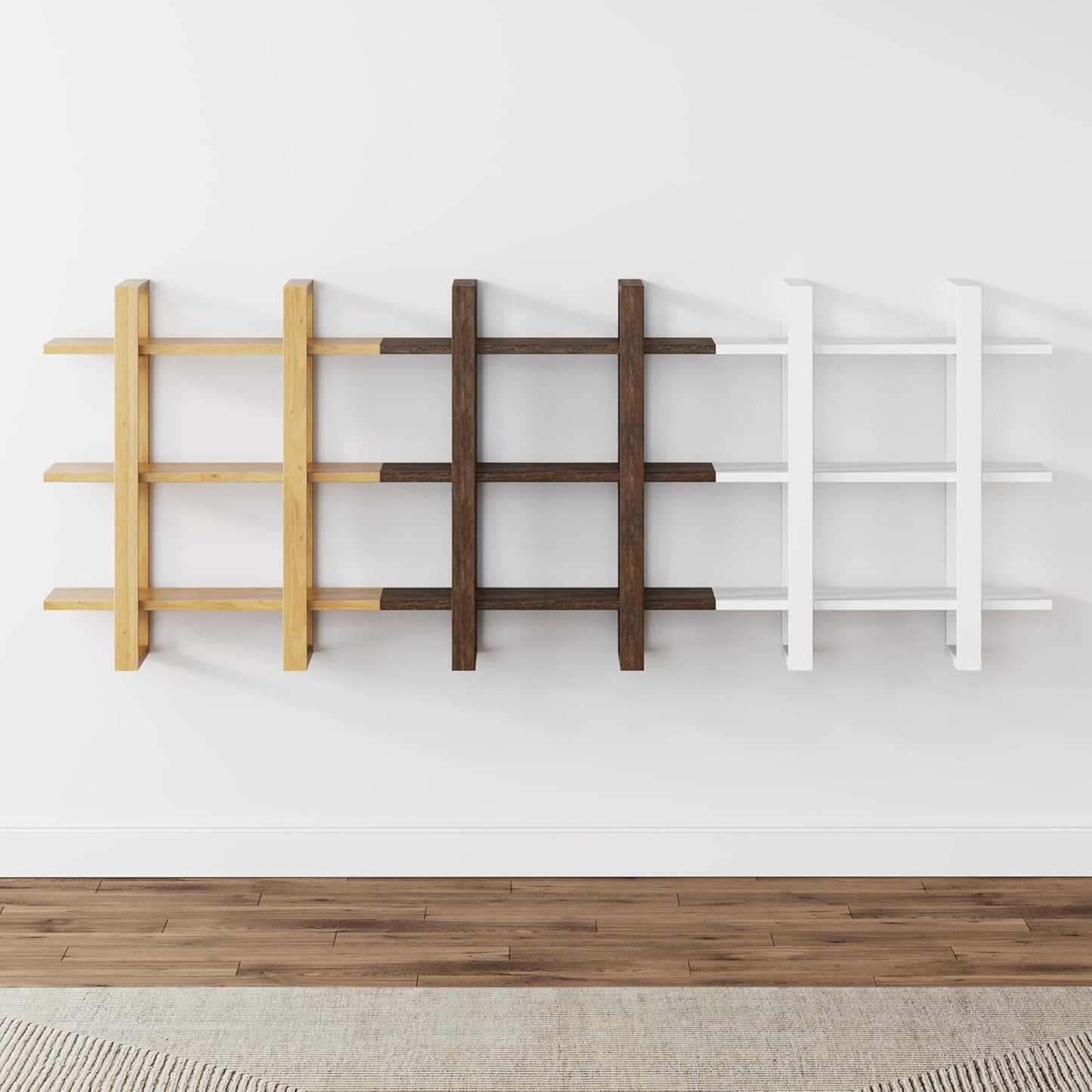 Floating Wall Book Shelves, 3-Tier Display Shelf, Decorative Modular Shelf in Solid Wood for Bedroom, Nursery, Bathroom or Kitchen, Set of 4