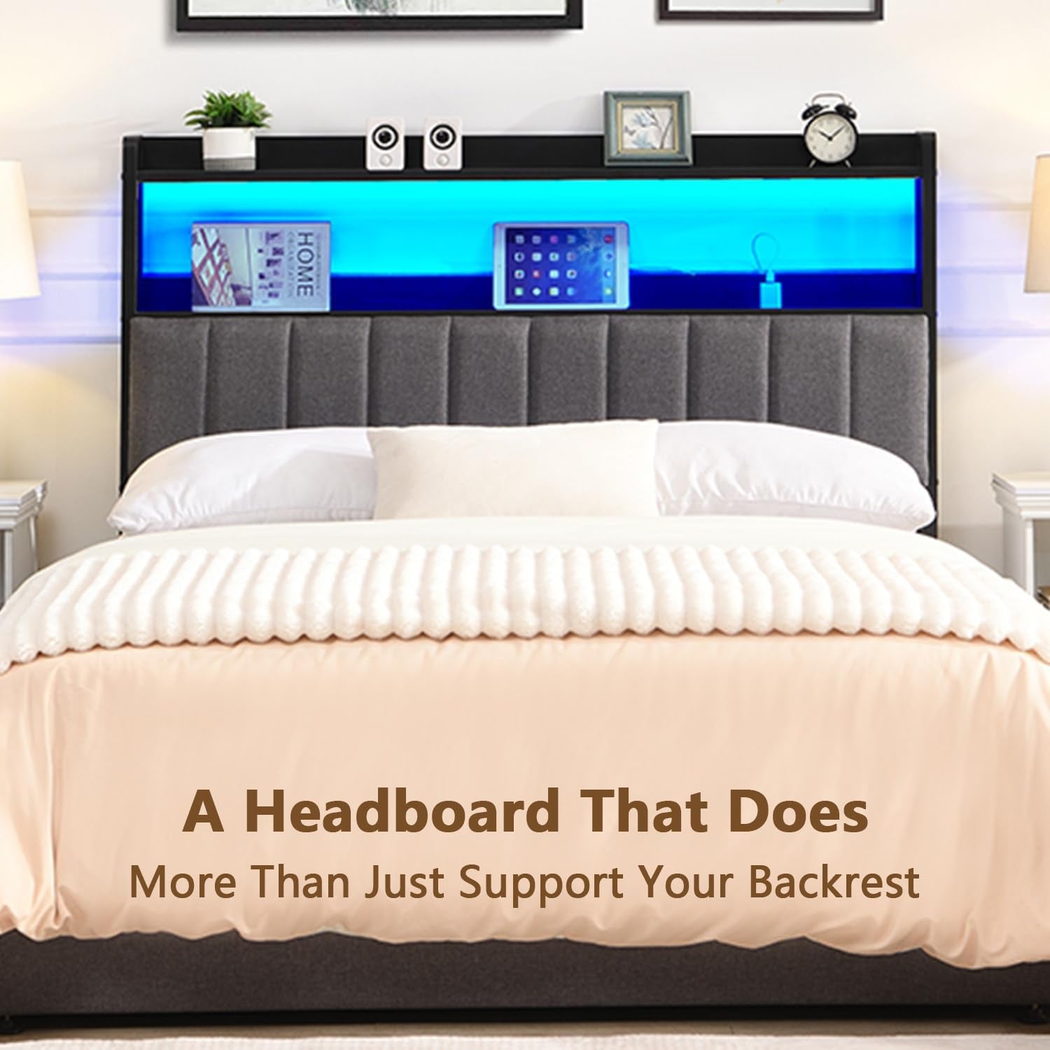 Headboard for Queen Size Bed with 2-Tier Storage, Upholstered Headboards with Outlets, USB Ports and LED Light,Head Board Only, Height Adjustable, Sturdy and Stable (Queen)