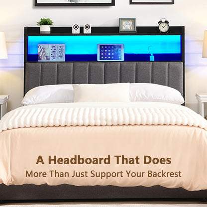 Headboard for Queen Size Bed with 2-Tier Storage, Upholstered Headboards with Outlets, USB Ports and LED Light,Head Board Only, Height Adjustable, Sturdy and Stable (Queen)