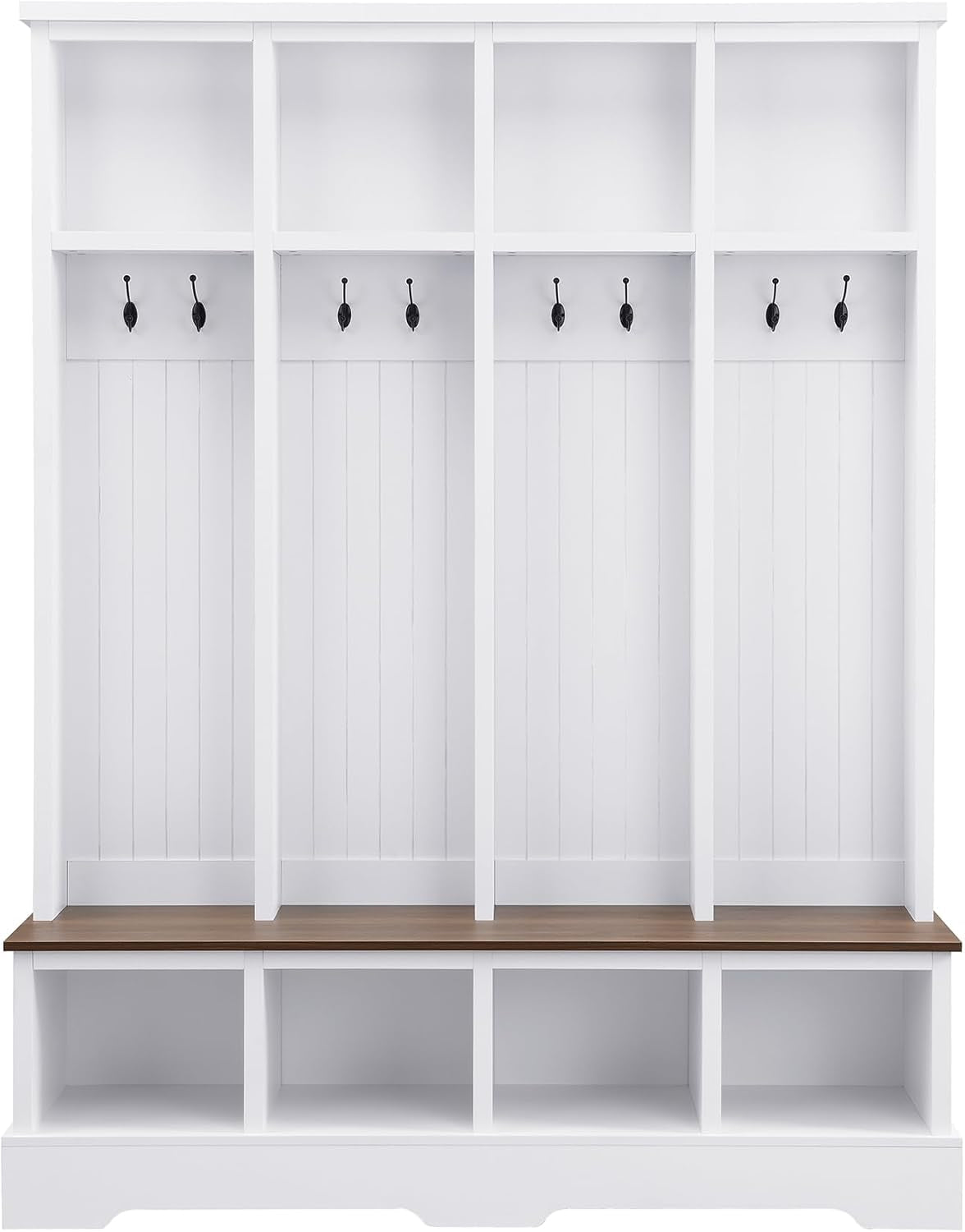 Farmhouse Hall Tree with 8 Hooks,Entryway Cabinet W/Bench,Multi-Functional Coat Rack W/4 Storage Unit and 4 Shoe Cabinet,Entryway Cabinets for Hallway,Living Room,Mudroom,White