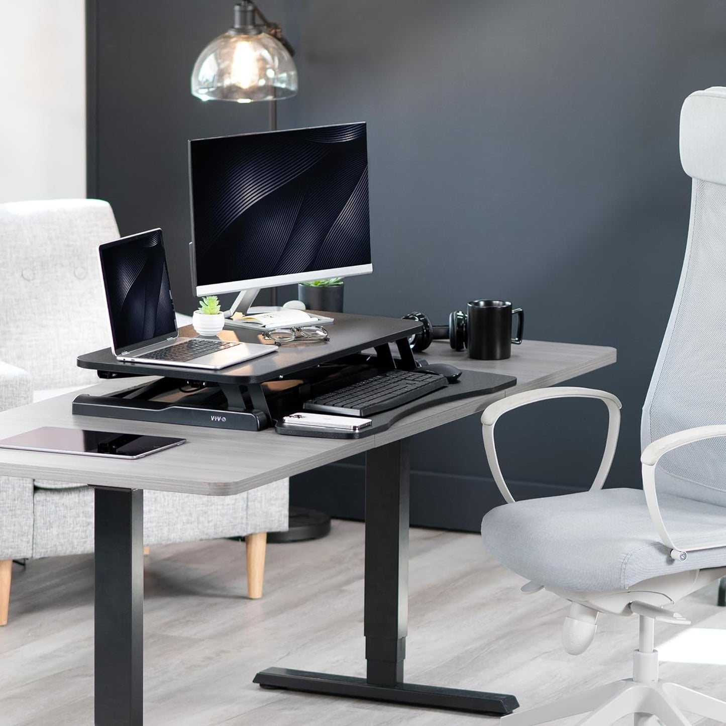 32 Inch Desk Converter, K Series, Height Adjustable Sit to Stand Riser, Dual Monitor and Laptop Workstation with Wide Keyboard Tray, Black, DESK-V000K