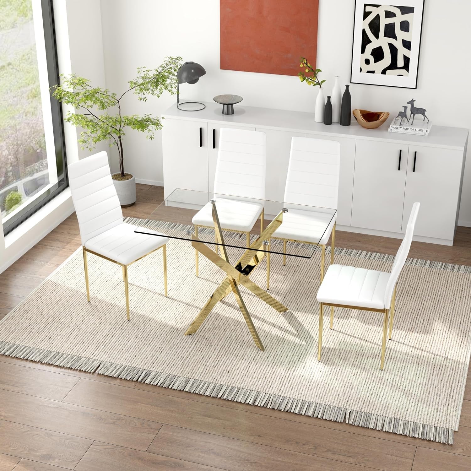 Tempered Glass Dining Table with Chromed Legs, 47" Modern Rectangular Kitchen Table for Dining Room Kitchen,Gold