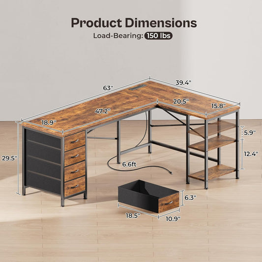 63 Inch L Shaped Desk with Fabric Drawers, Computer Office Desk with Power Outlets and USB-C Port, Corner Desk with Storage Shelves, for Gaming Work Study Home Office, Reversible, Rustic Brown