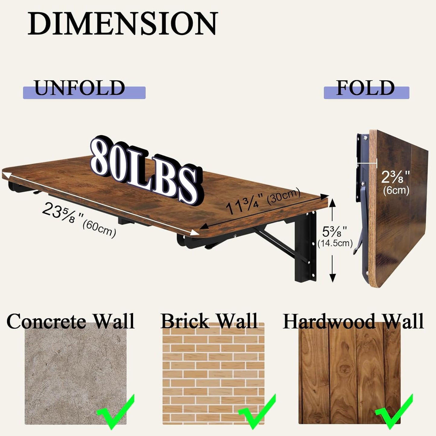Wall Mounted Folding Table, Rustic Brown Floating Wall Desk for Small Spaces, Drop Leaf Dining Table for Kitchen Fold down Laundry Shelf with Heavy-Duty Brackets