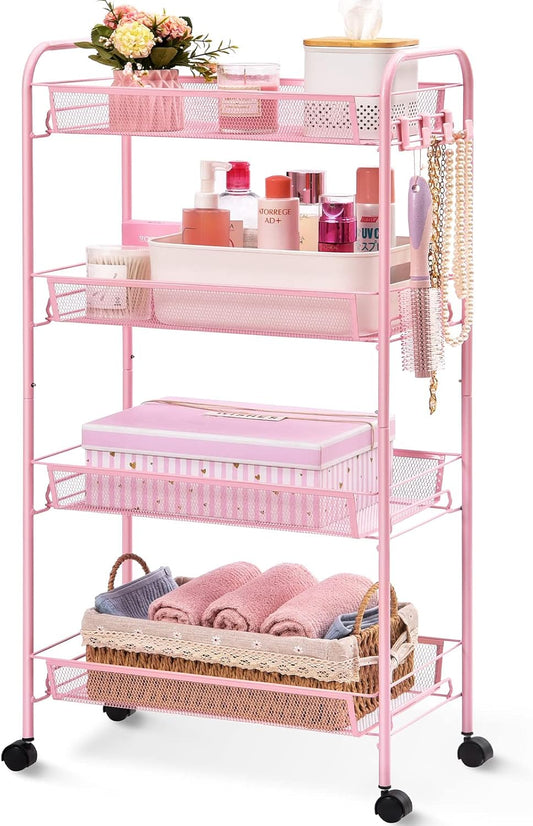 4 Tier Rolling Utility Cart - Durable Metal Design Pink Utility Cart, Storage Trolley on Wheels with 3 Hooks, Perfect for Kitchen, Bathroom & Laundry Room Organization