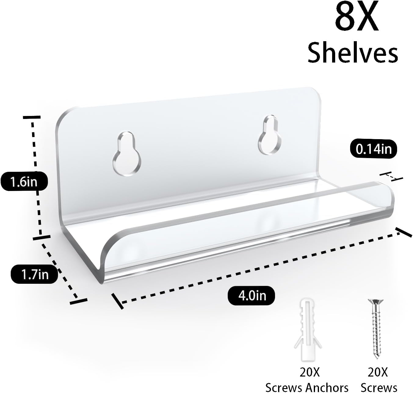 Clear Acrylic Record Shelf Wall Mount Display - 8 Pack Album Holder Stand
