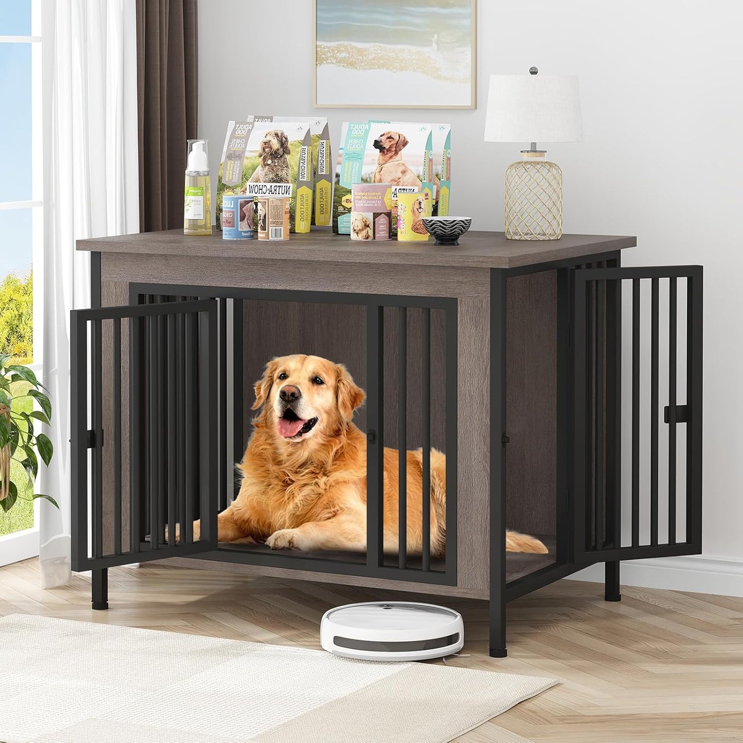 Dog Crate Furniture for 1 or 2 Dogs, Heavy Duty Single/Double Dog Crates for Small/Medium/Large Dogs, Dog Kennel Furniture Indoor as TV Stand, Large Size 39.96" L(35-60 Pounds), Oak Grey