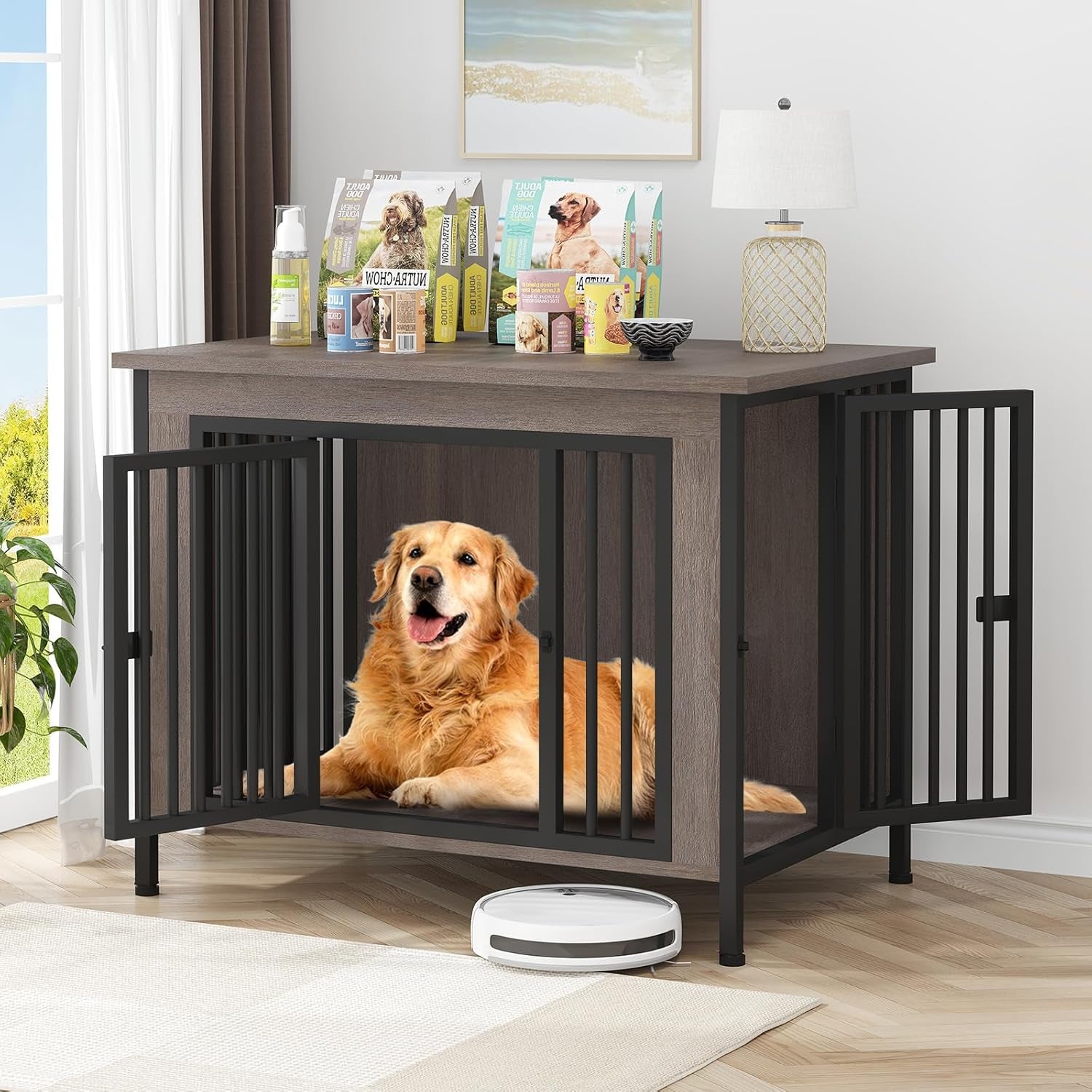 Dog Crate Furniture for 1 or 2 Dogs, Heavy Duty Single/Double Dog Crates for Small/Medium/Large Dogs, Dog Kennel Furniture Indoor as TV Stand, Large Size 39.96" L(35-60 Pounds), Oak Grey
