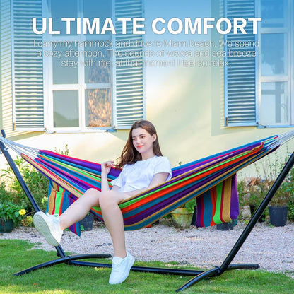 Double Hammocks with Stand for Outside, Portable Space Saving Heavy-Duty Steel Stand for Indoor Outdoor Patio, 450 Lbs Capacity (Tropical)