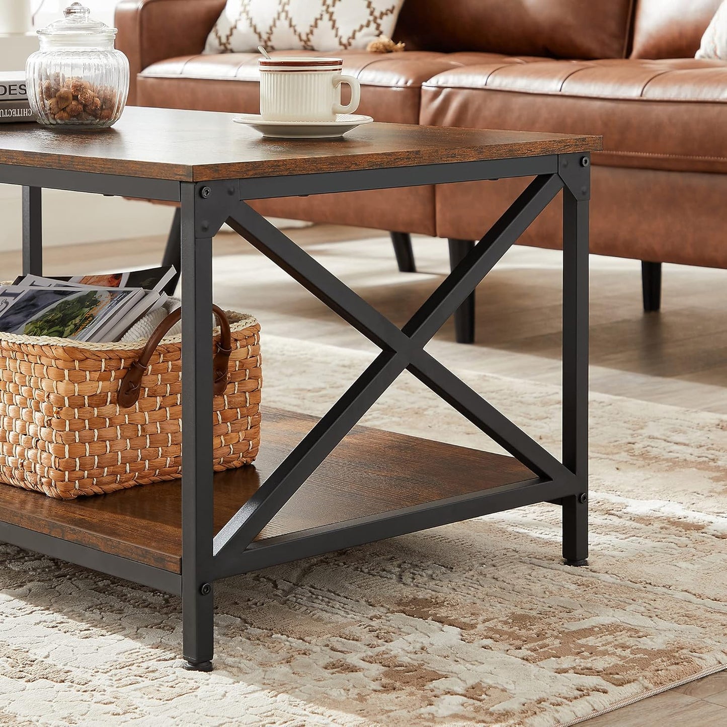 Coffee Table, Cocktail Table with Storage Shelf and X-Shape Steel Frame, Industrial Farmhouse Style, 39.4 X 21.7 X 17.7 Inches, Rustic Brown and Black ULCT200B01V1