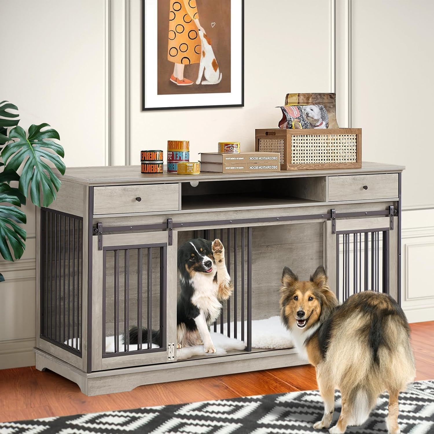78'' Dog Crate Furniture for 2 Dogs, Double Dog Crate Furniture with 4 Bowls, Dog Kennel as TV Stand with 360° Rotating and Adjustable Height Bowl Holder